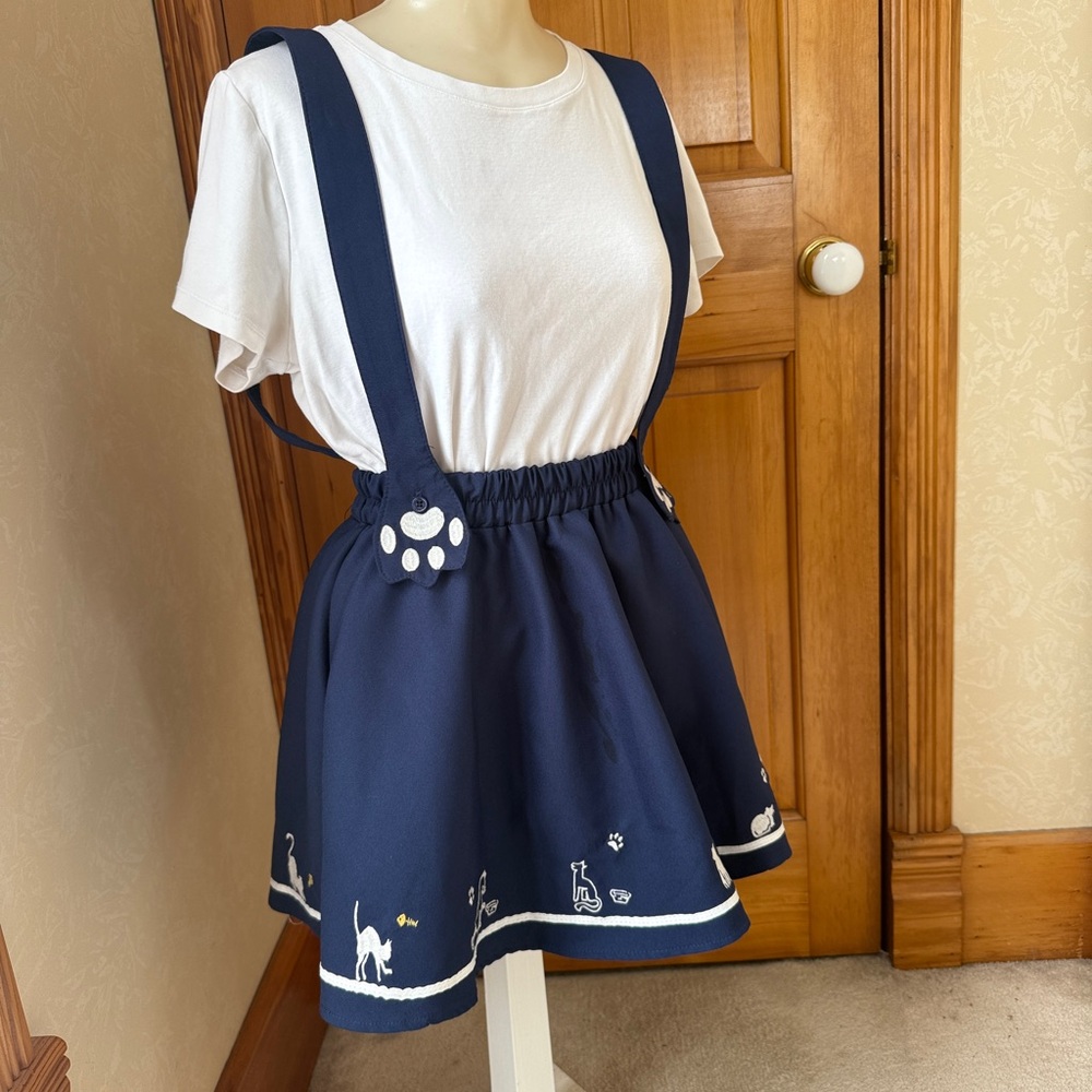 Navy Blue Suspender Skirt with Cat Themed Embroidery